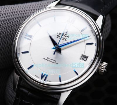 Super Copy Omega De Ville White Dial Black Leather Strap Silver Bezel 40mm